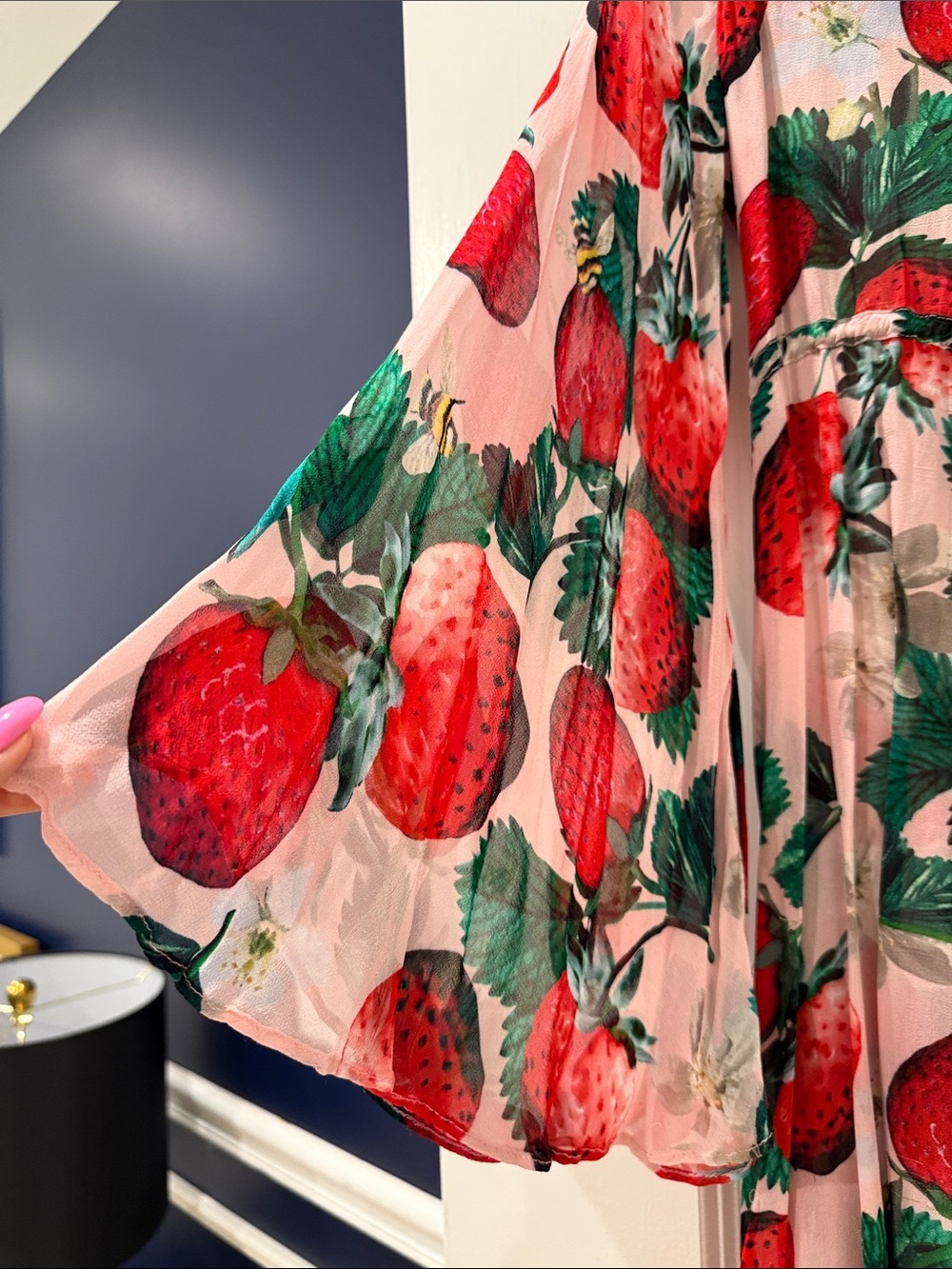 Sheer Strawberry-Print Long Kimono Tunic - Pink/Red - Picture 9 of 16